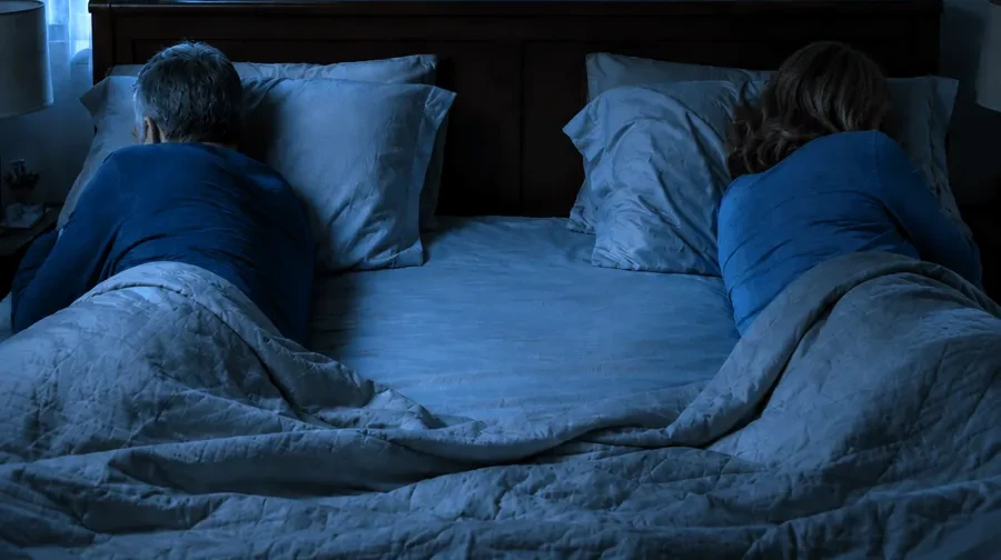 A couple in bed, turned away from each other